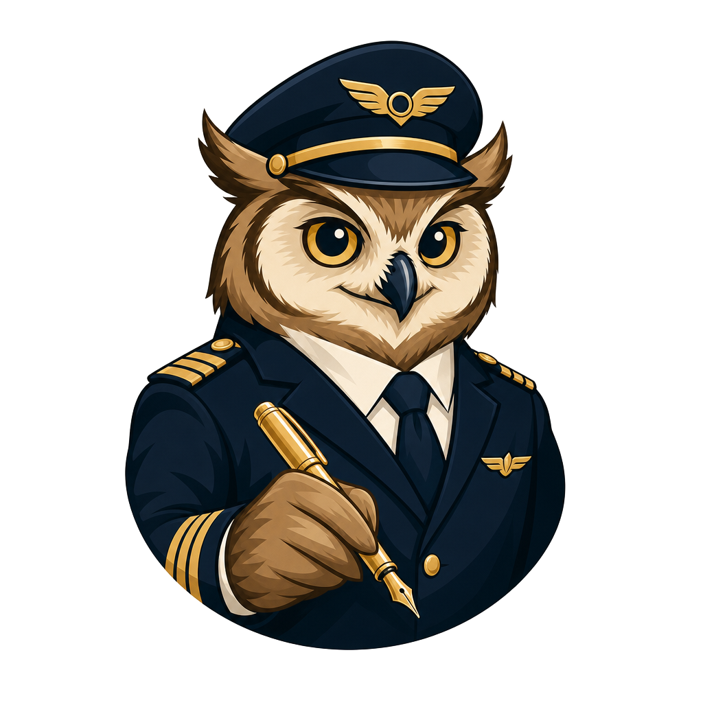 Bid Pilot 3000 — owl captain holding a gold fountain pen
